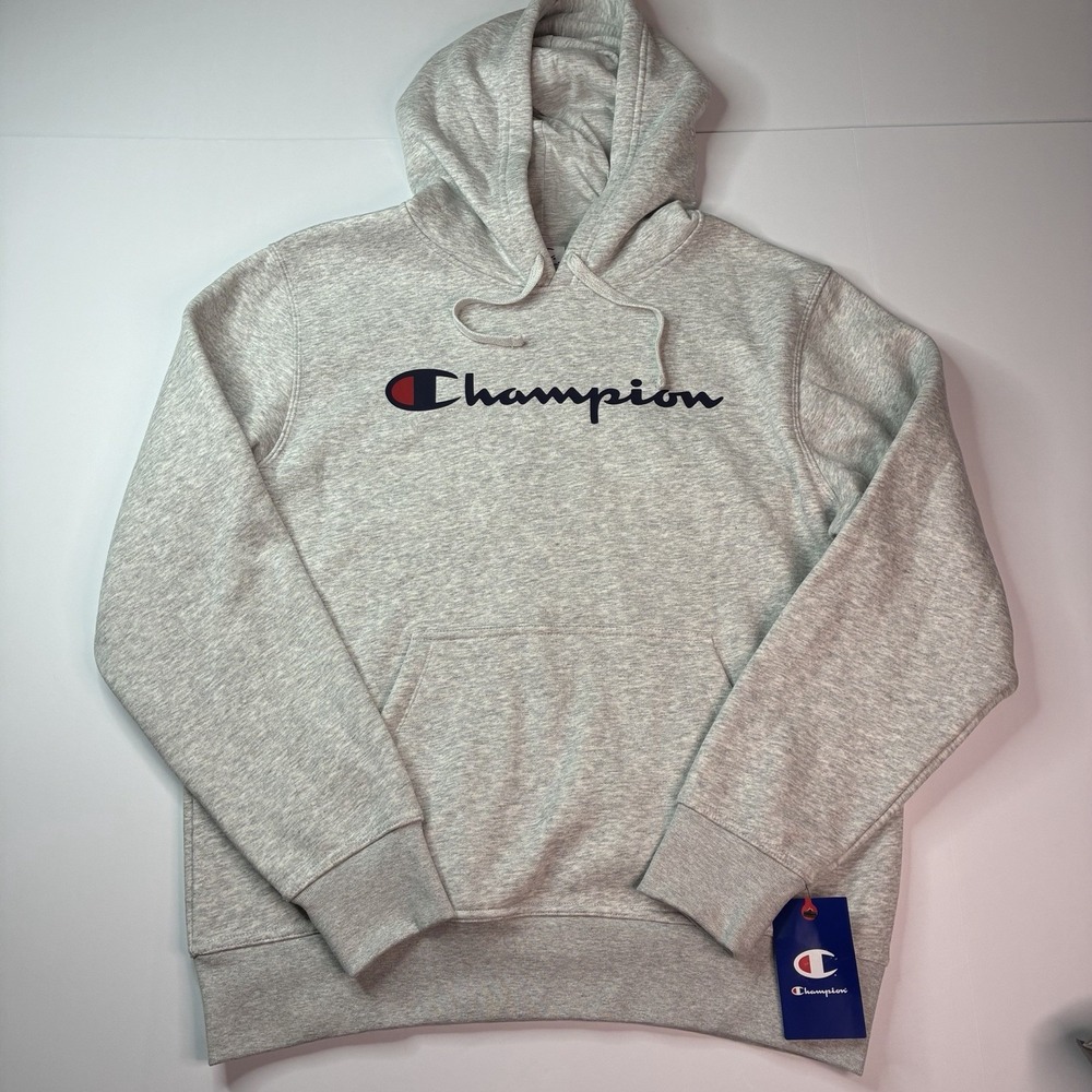 NWT Champion Men's Classic 2Tone Script Pullover Logo Hoodie Size M Medium Gray